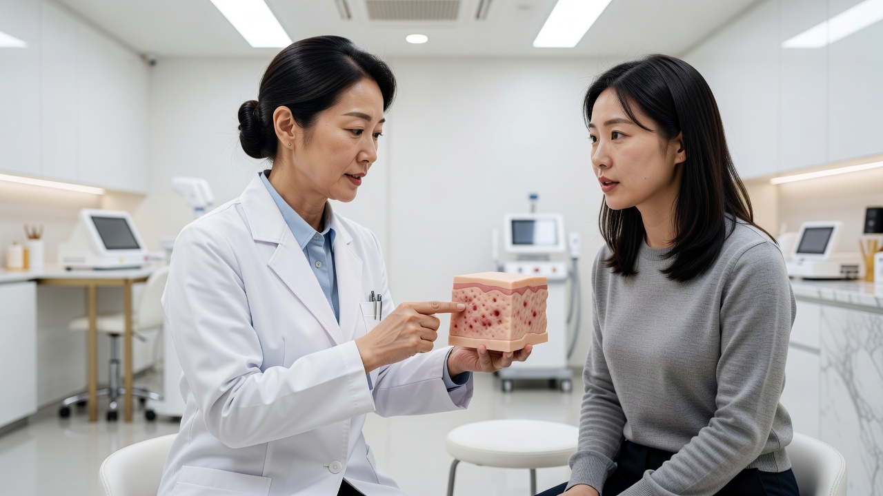 강남 여드름 흉터 치료의 기본 원리를 설명하는 피부과 상담 장면